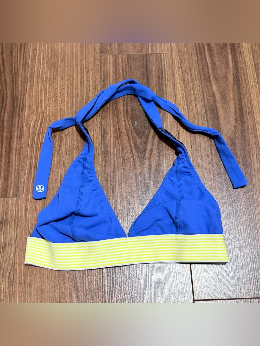lululemon athletica cobalt blue halter bralette with yellow striped band